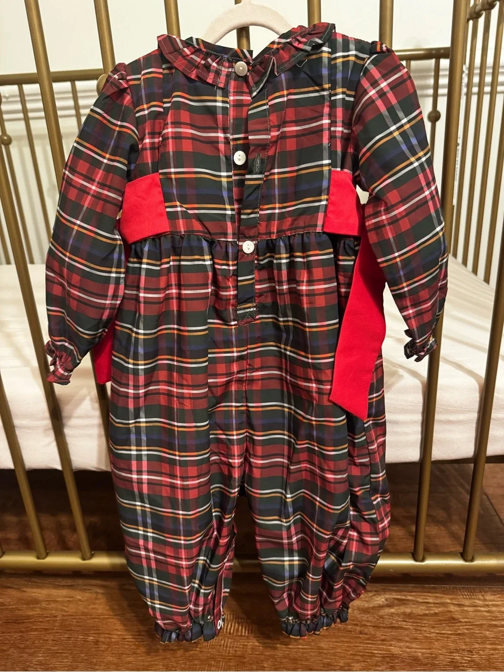 NWT 18 mo Cecil and Lou Red Tartan Plaid One-Piece Bows long romper Christmas